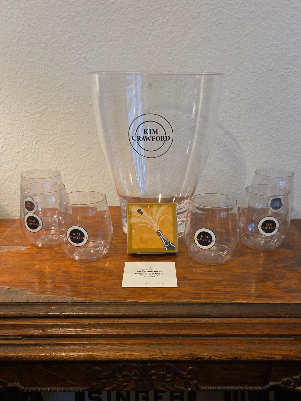 Kim Crawford Acrylic Wine Bucket, 6 Stemless Wine Glasses & Topic Cards